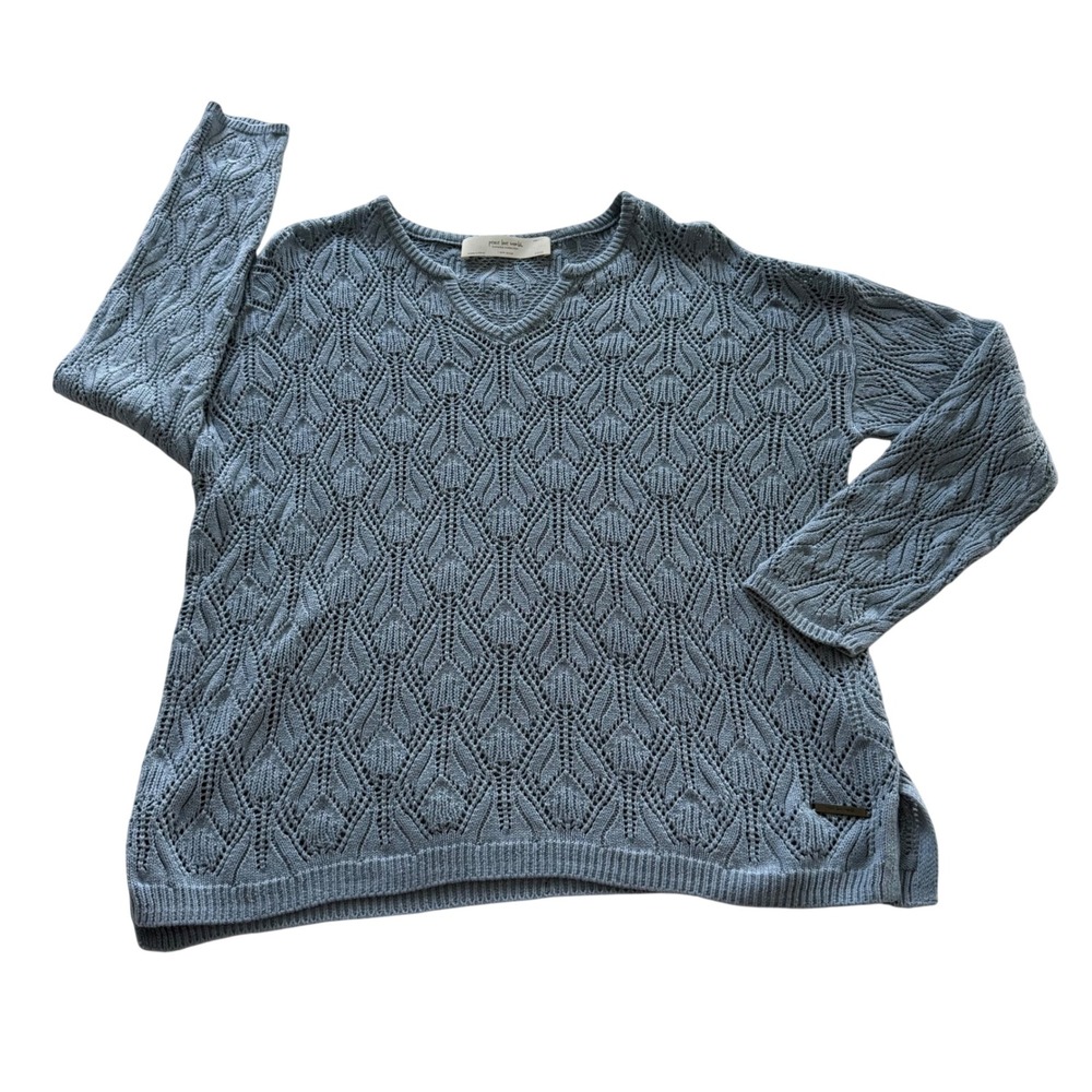 Peace Love World Boheme Sweater Women Size 1 Blue Pointelle Open Knit V-Neck